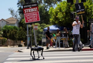 Los Angeles, US. A robot dog named Gato carries a sign saying 'Emotional support writer' as members of the Writers Guild of America and the actors’ union Sag-Aftra picket outside Paramount Studios during a strike