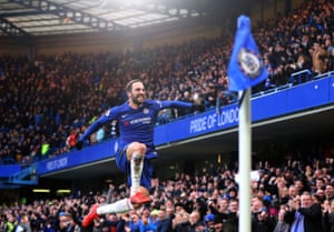 Gonzalo Higuaín celebrates after scoring two as Chelsea romped to a 5-0 over Huddersfield Town. It was an emphatic response by Maurizio Sarri’s men following their 4-0 defeat to Bournemouth last time out.