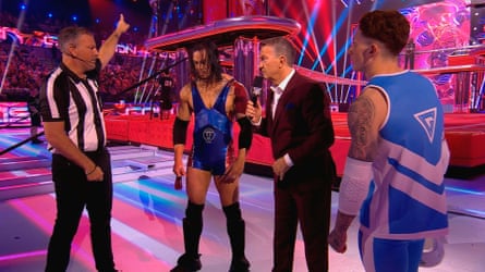 Gladiators referee Mark Clattenburg, Viper, AKA Quang Luong, co-host Bradley Walsh and contestant Finley Burkitt