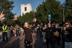 Young activists dance in front of the Polish parliament as the sign of protest against continuous restrictions of women and sexuality rights in the country, September 2019, Warsaw