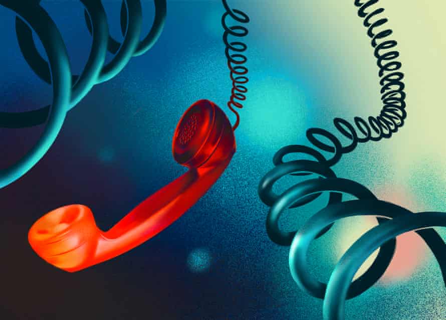 Illustration of a landline phone hanging down, with curled phone cords alongside it