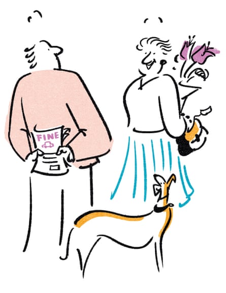 Illustration of a man hiding parking tickets behind his back and a woman holding a bunch of flowers behind hers