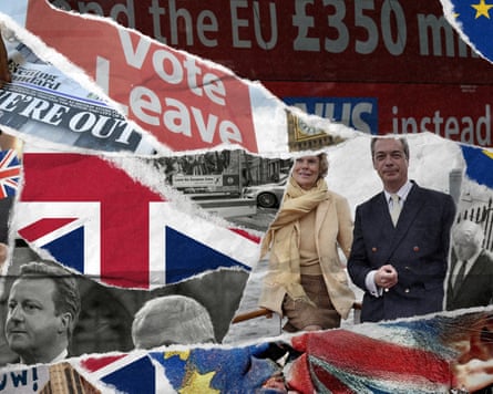 A collage of Brexit featuring union flags, Nigel Farage, the side of the NHS £350m bus, and a black and white photo of David Cameron