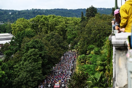 A general view of the peloton prior to the 112th Tour de France 2025, Stage 14 from Pau to Luchon-Superbagneres.