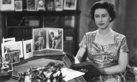 At her desk after giving the first televised Christmas Day broadcast in 1957.
