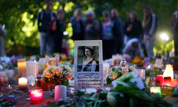 Flowers, candles and other tributes to Queen Elizabeth II in Green Park, London