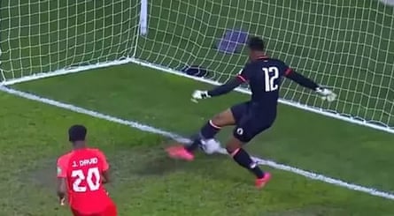 Josue Duverger gets in a tangle and scores an own goal against Canada.