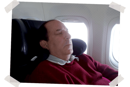 Dad asleep in seat 1A, the left-hand front seat, early 2000s.