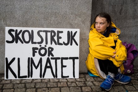 Greta Thunberg leads a school strike and sits outside of the Swedish Parliament, in an effort to force politicians to act on climate change on August 28, 2018 in Stockholm, Sweden