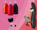 Three wine bottle coolers, a small barbecue grill, and a chunky sandal arranged on a pink tiled background