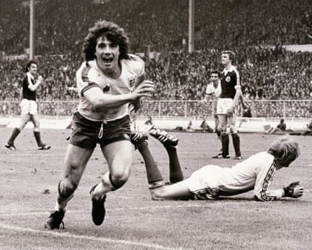Kevin Keegan after scoring for England v Scotland in the 1979 British Home Championship at Wembley Stadium, London, 26th May 1979.