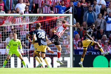 Dan Ballard heads home the second goal of the match for Sunderland