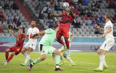 Belgium’s Romelu Lukaku fails to connect with a header.