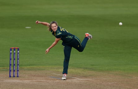 Australia captain Sophie Molineux bowls during a Women’s T20 World Cup warm-up match