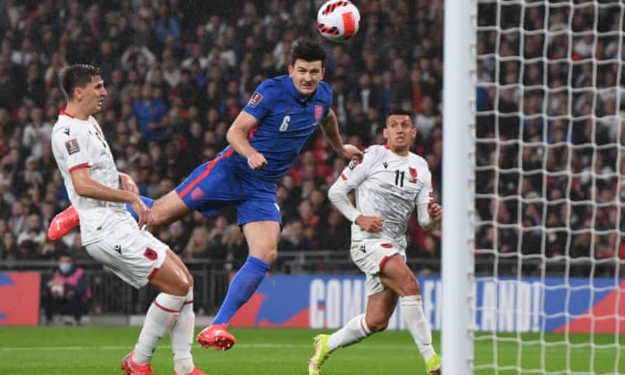 Harry Kane hits hat-trick as England cruise past Albania on way to Qatar | World Cup 2022 qualifiers 2 Harry Maguire gets up at the far post to head England into the lead