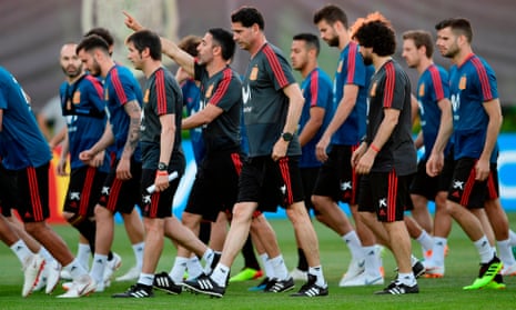 FBL-WC-2018-ESP-TRAINING<br>The new coach of the Spanish national football team, Fernando Hierro (C), attends a training session with Spain's players at Krasnodar Academy on June 13, 2018, ahead of the Russia 2018 World Cup football tournament.
Spain today named the federation sporting director Fernando Hierro as its World Cup coach to replace Julen Lopetegui, who was sensationally sacked after his appointment as Real Madrid manager.

 / AFP PHOTO / PIERRE-PHILIPPE MARCOUPIERRE-PHILIPPE MARCOU/AFP/Getty Images