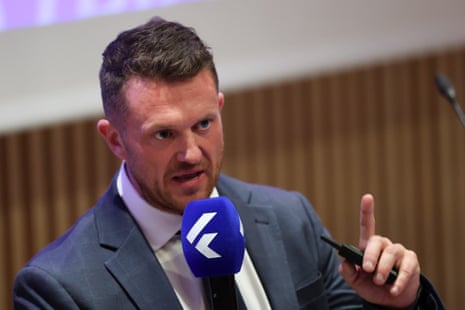 Far-right activist Tommy Robinson, whose real name is Stephen Yaxley-Lennon, delivers a speech during a Patriots Network conference in Paris, France, on 2 May.