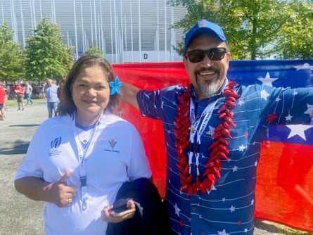 Polly Chrihton and her husband, Failo, in Bordeaux before Samoa’s game against Chile