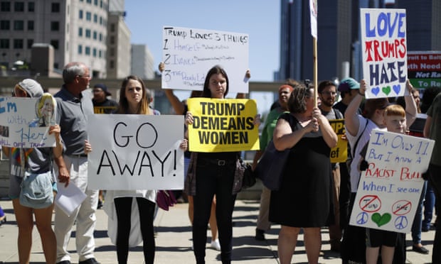 Anti-Trump demonstrators outside the Detroit Economic Club.