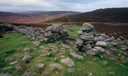 Remains of a bronze age village at Grimspound, Dartmoor.