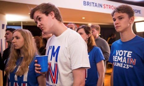 Supporters of the Stronger In campaign react as results come in after last month’s EU referendum