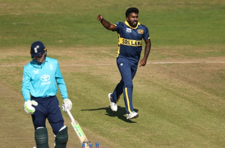 Asitha Fernando celebrates the wicket of Tom Banton