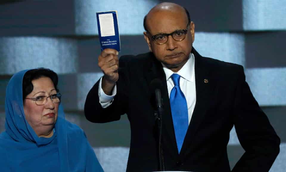Khizr Khan speaks during the last night of the Democratic national convention in Philadelphia.