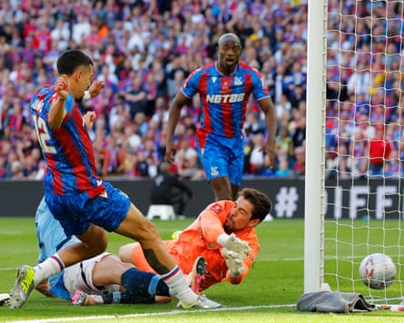 Crystal Palace’s Daniel Muñoz fires the ball into the City net for a goal that was subsequently ruled out
