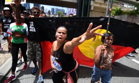 Indigenous protesters march through central Brisbane on ‘Invasion Day’ (Australia Day) in January.