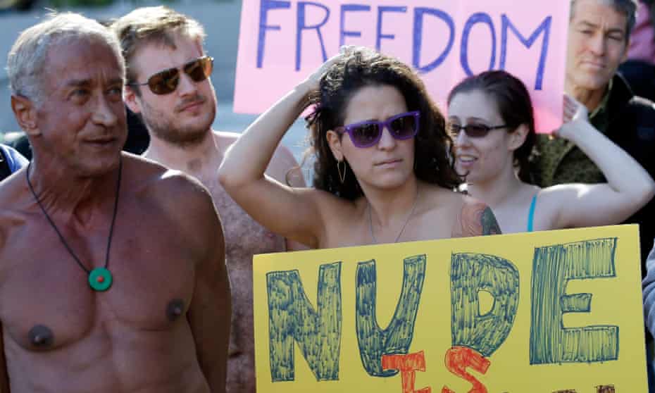 Demonstrators in San Francisco protest against a proposed city-wide nudity ban in 2012.