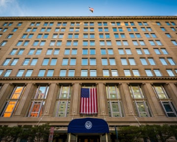 Facade of building with American flag