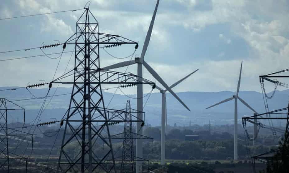 Power lines and wind turbines near Runcorn, Cheshire