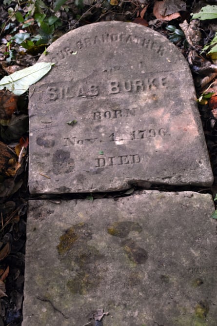 Flat, rectangular, stone headstone with curved top that says Silas Burke, Born Nov. 1, 1796 (I think), Died - and then the stone is broken all the way across.