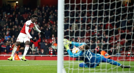 Arsenal’s Bukayo Saka has a shot saved by Qarabag’s Vagner.