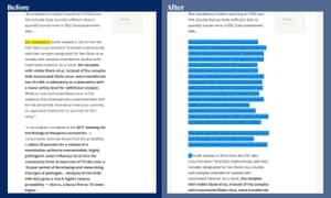Dominic Cummings’ blogpost before (left) and after (right) it was altered.