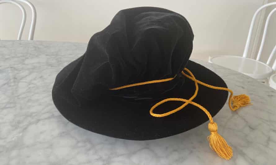 Three things with Kathy Lette: ‘I simply slip off my cossie and drive home naked’ | Australian lifestyle 1 The graduation hat Kathy Lette has worn ‘shopping, bushwalking, and jogging along Cronulla beach’.