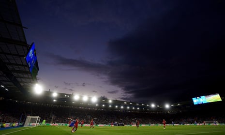 Jamie Vardy of Leicester City is denied by a challenge from Liverpool's Ibrahima Konate during the Premier League match at the King Power Stadium, Leicester.