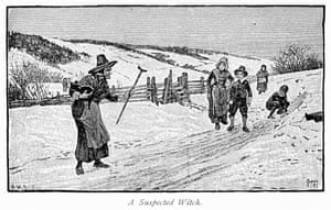 An illustration showing hostile treatment of a ‘suspected witch’ with a walking stick and a black cat