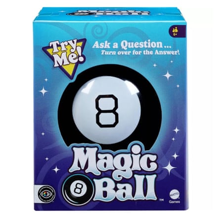 A Magic 8 Ball displayed on a white background