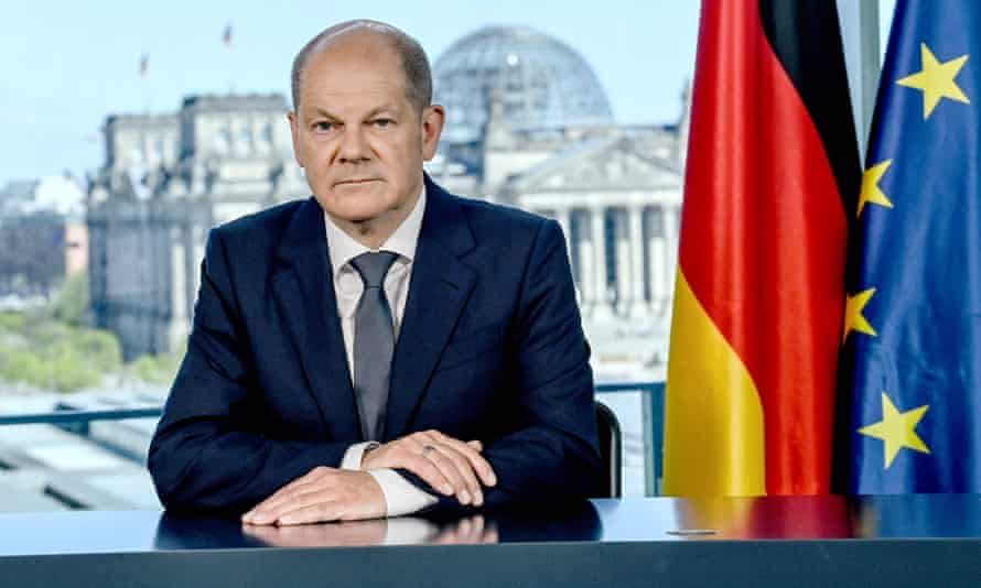German Chancellor Olaf Scholz makes a televised speech on Saturday, the 77th anniversary of the 1945 victory against Nazi Germany.