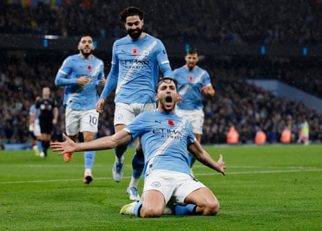 Manchester City's Nico Gonzalez celebrates scoring their second goal.