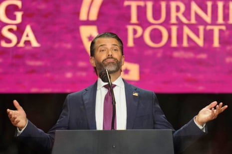 Donald Trump Jr. speaks at a memorial for conservative activist Charlie Kirk, Sunday, Sept. 21, 2025, at State Farm Stadium in Glendale, Arizona.
