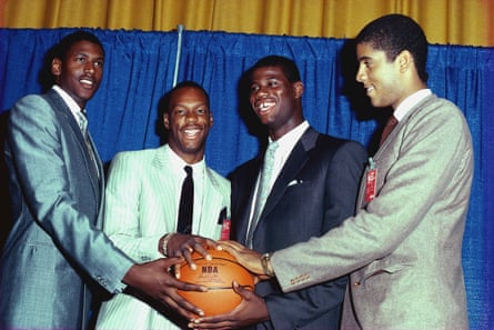 William Bedford, Len Bias, Chris Washburn and Brad Daugherty, near to right, airs astatine nan 1986 NBA draft.