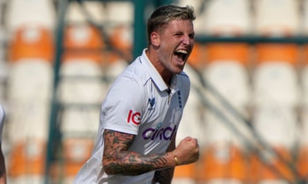Brydon Carse celebrates a wicket during England’s second Test in Pakistan