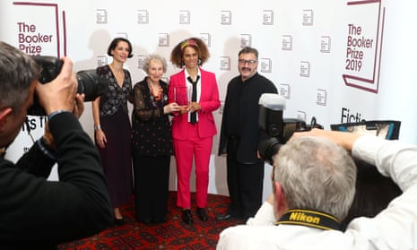 From left: Gaby Wood, literary director of the Booker Prize Foundation; Margaret Atwood; Bernardine Evaristo; and Peter Florence, chair of the Booker prizes, after the announcement. 