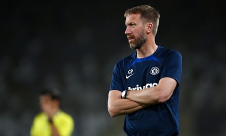 Graham Potter looks on during the Al Wahda Challenge Cup match between Chelsea and Aston Villa.