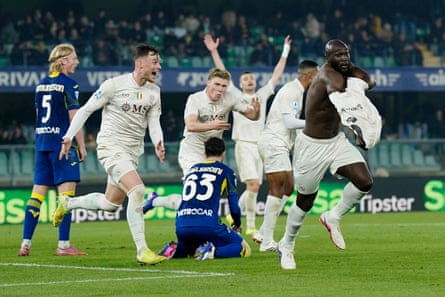 Romelu Lukaku races away to celebrate his first goal of the season for Napoli.