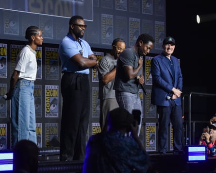 Letitia Wright, Winston Duke, Ryan Coogler, David Jonsson and Kevin Feige on stage at Comic-Con.