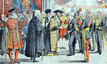 An engraving showing the Lord Mayor of London presenting French president Emile Loubet in July 1903.