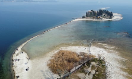 The island of San Biagio in Lake Garda now accessible by foot due to lake levels falling by 70cm.